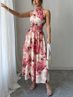 Printed Halter Sleeveless Vacation And Leisure Maxi Dresses