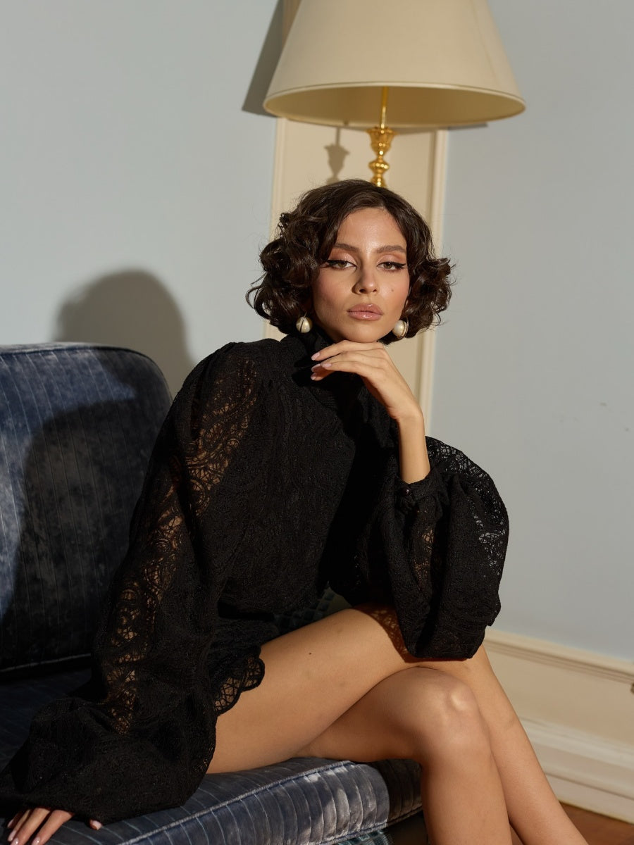 Lantern Sleeve High Neck Lace Two-piece Set