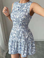 Bohemian Style French Elegance Floral Print Sleeveless Belted Short Dress