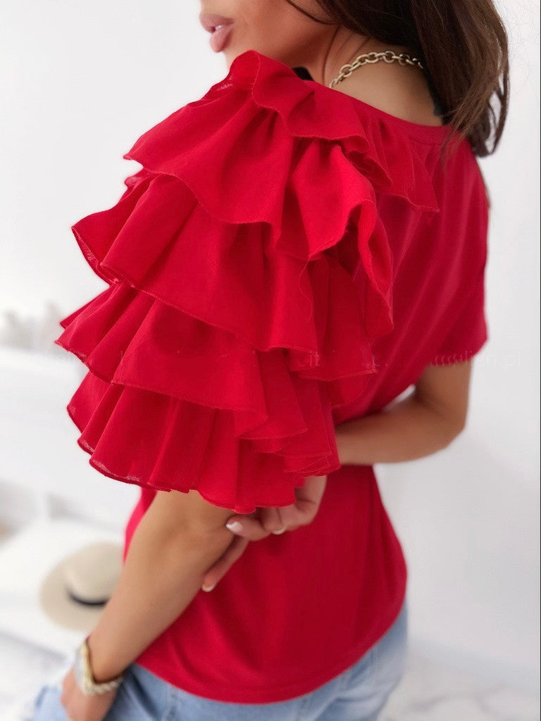 Ruffled Short-sleeved Crew Neck T-shirt