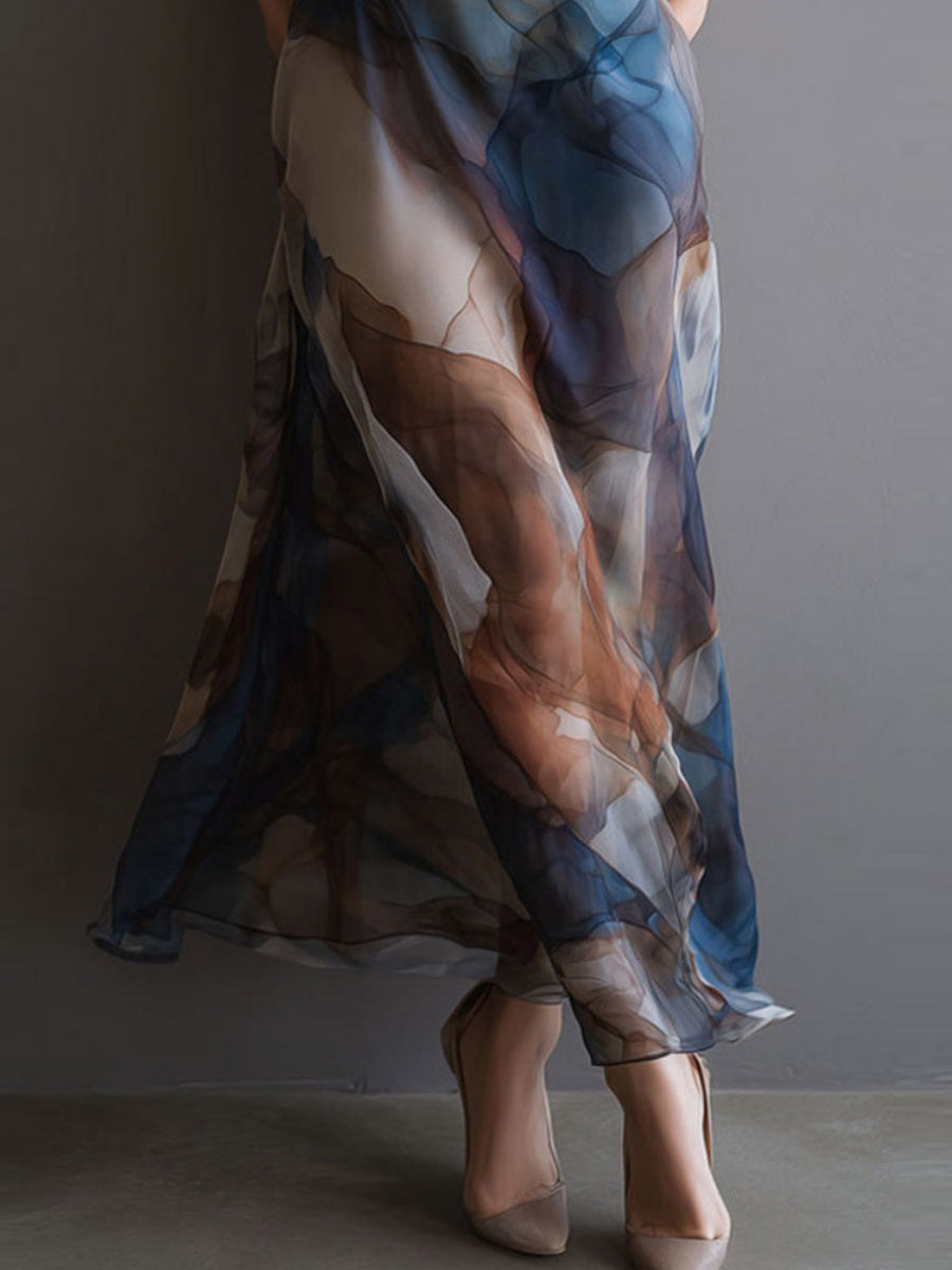 Printed Gradient Hip-hugging Mesh Camisoles Maxi Dresses