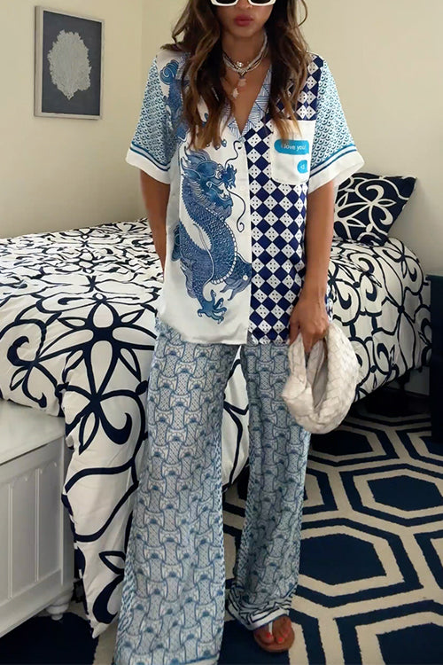 Short Sleeves Blouse Shirt Wide Leg Pants Color Block Unique Print Set