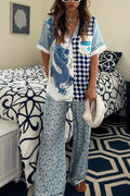 Short Sleeves Blouse Shirt Wide Leg Pants Color Block Unique Print Set