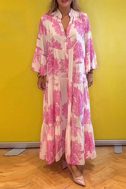 V Neck Bell Sleeves Ruffle Tiered Printed Maxi Dress