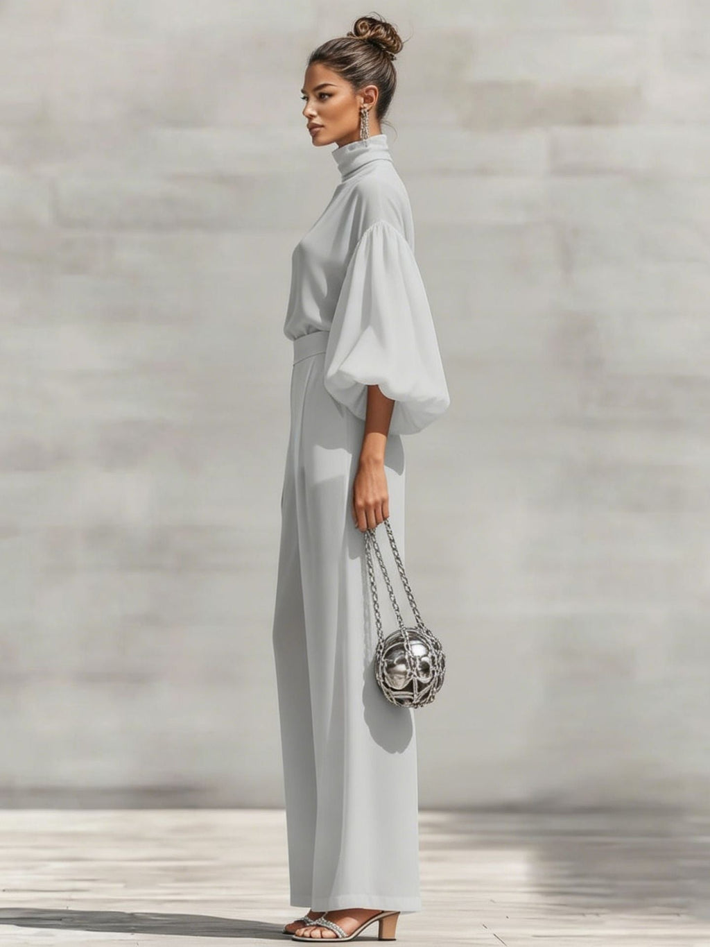 Chiffon Stand-up Collar Puff Sleeve High-waisted Draped Wide-leg Pants Two-piece Set
