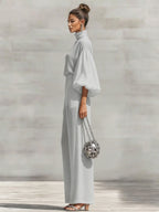 Chiffon Stand-up Collar Puff Sleeve High-waisted Draped Wide-leg Pants Two-piece Set