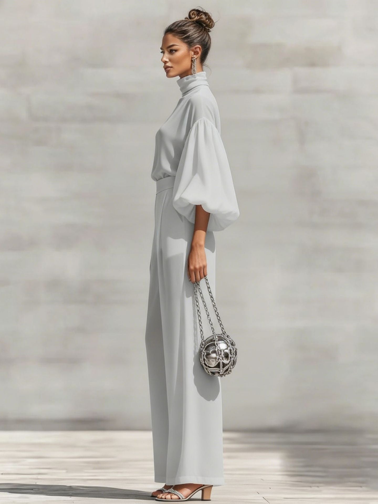 Chiffon Stand-up Collar Puff Sleeve High-waisted Draped Wide-leg Pants Two-piece Set