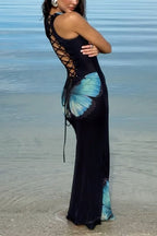 Back Lace-up Sleeveless Butterfly Print Maxi Dress