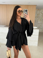 V-neck, Irregular Tie-waist, Long-sleeved, Loose-fitting Short Dress