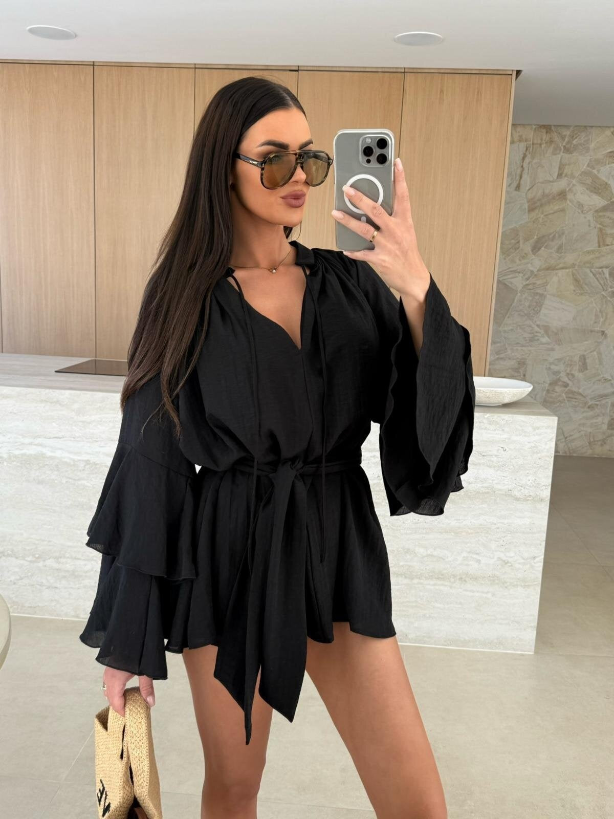 V-neck, Irregular Tie-waist, Long-sleeved, Loose-fitting Short Dress