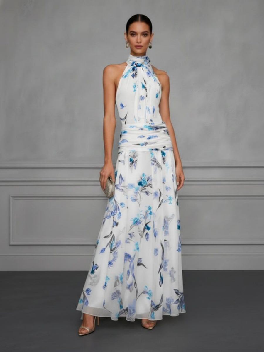 Halter Printed Temperament Waist Parties Maxi Dresses