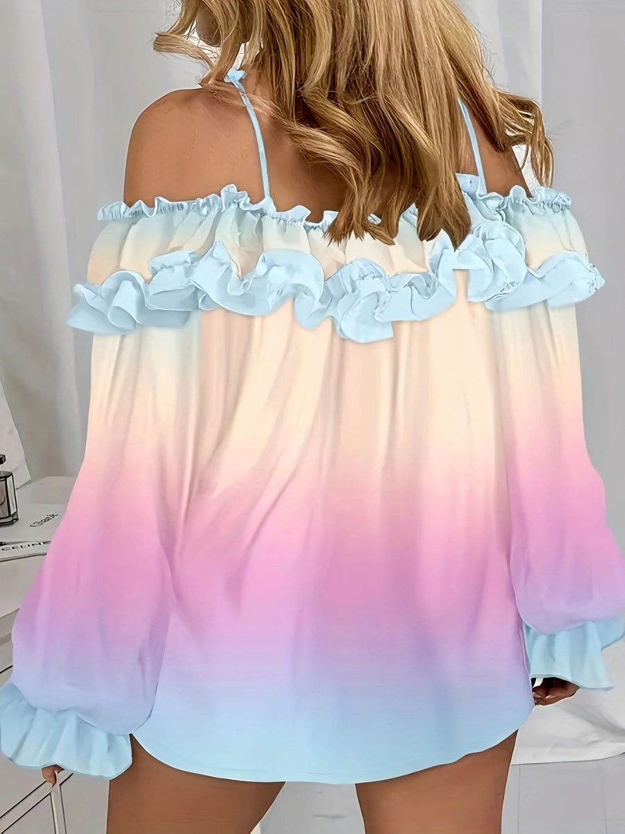 Off-shoulder Color-blocked Gradient Lace T-shirt