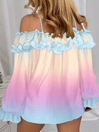 Off-shoulder Color-blocked Gradient Lace T-shirt