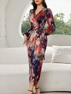 Printed V-neck Cardigan With Belt Midi Dresses