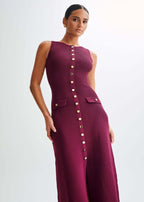 Rib Knit Sleeveless Button Front Flap Pocket Midi Dress