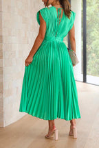 Deep V Neck Waisted Maxi Pleated Swing Dress
