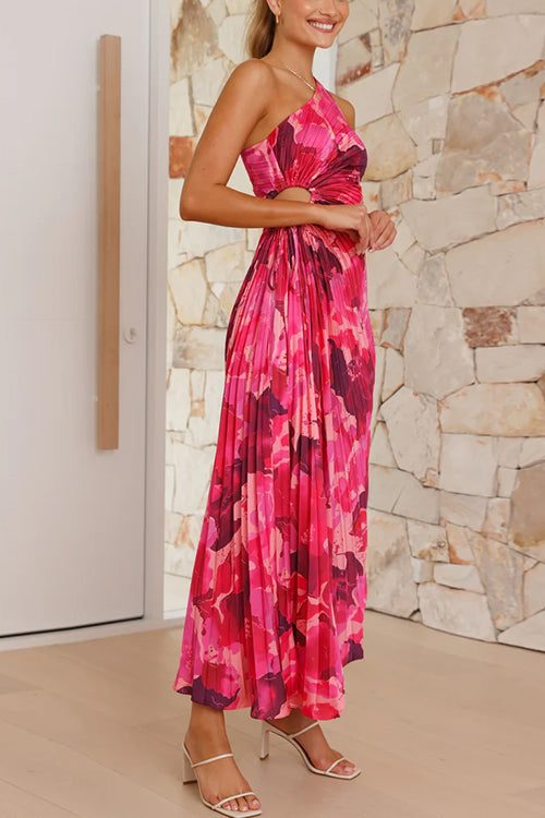 One Shoulder Asymmetrical Pleated Floral Maxi Dress