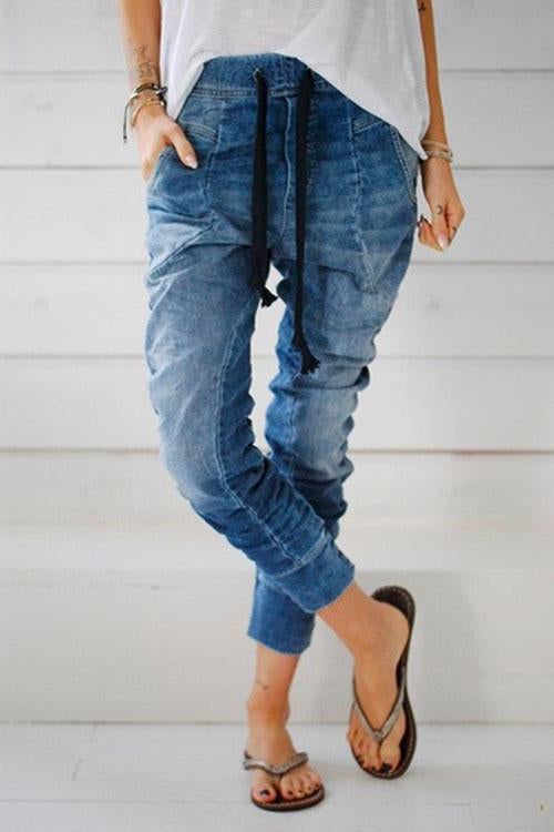 Drawstring Waist Ruched Harem Denim Joggers