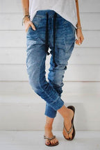 Drawstring Waist Ruched Harem Denim Joggers