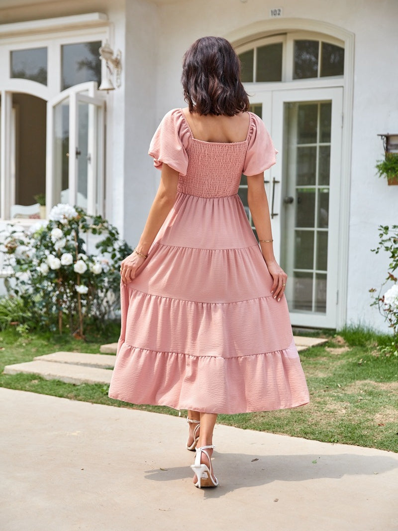 Square Neck, Backless, Puff Sleeve, Pleated Short-sleeved Long Dress
