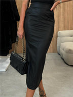 Back Slit In Bodysuit Tight Fit Hip-hugging High Waist PU Leather Midi Skirt