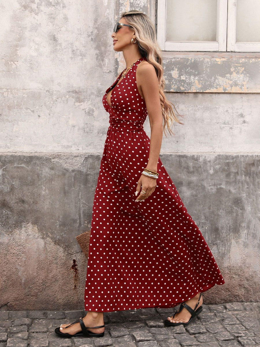 Halter V-neck Polka Dots Vacation Retro Maxi Dresses