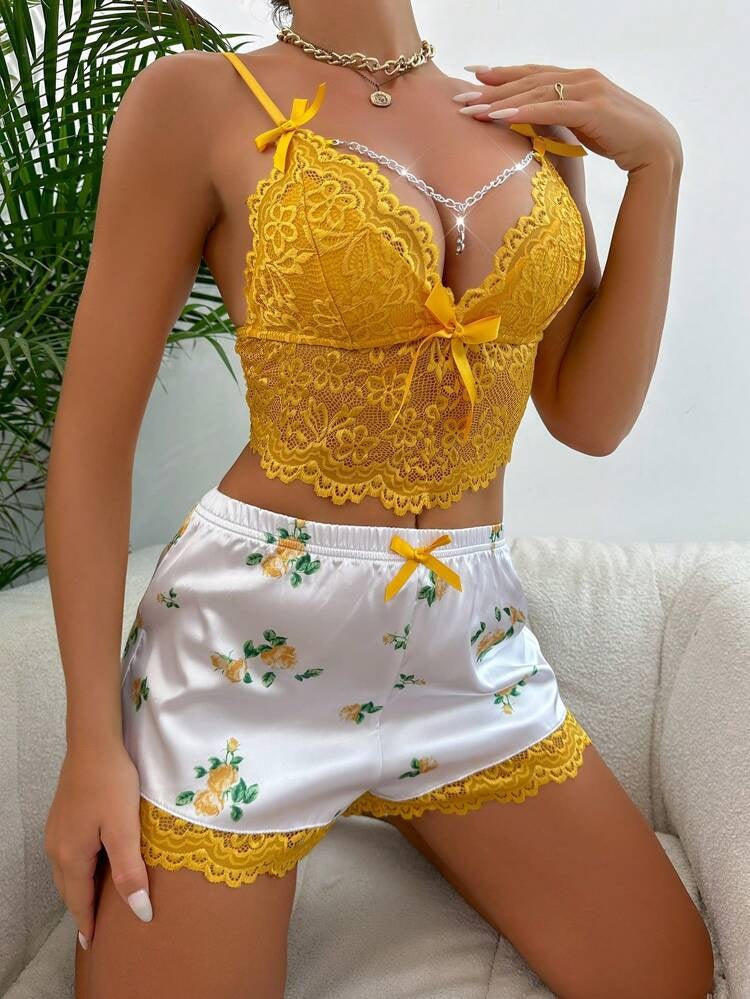 Deep V Lace Cutout Camisole Bra And Lace Trim Shorts Pajama Set
