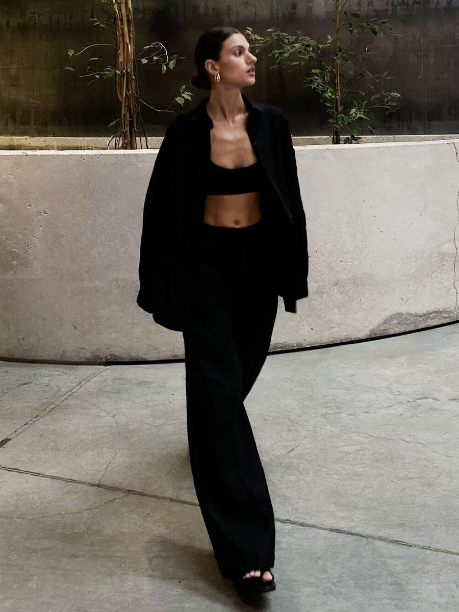 Loose-fitting Long-sleeved Shirt And Casual Trousers Two-piece Set