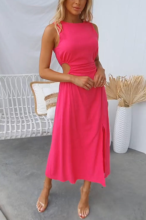 Sleeveless Cut Out Waist Slit A-line Maxi Dress