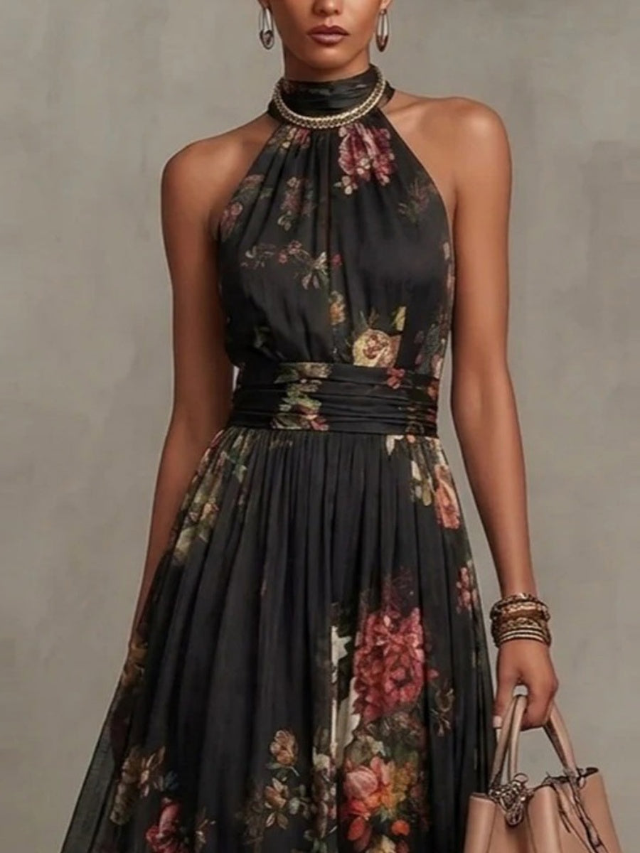 Halter Printed Elegant Temperament Stand Collar Vacation Maxi Dresses