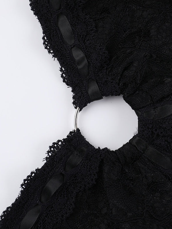 Black Lace Long-sleeved Jumpsuit Shorts