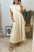 Cap Sleeves Pocketed Loose Pleated Maxi Dress