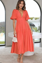Deep V-Neck Smocked Waist Puff Sleeve Tiered Midi Dress