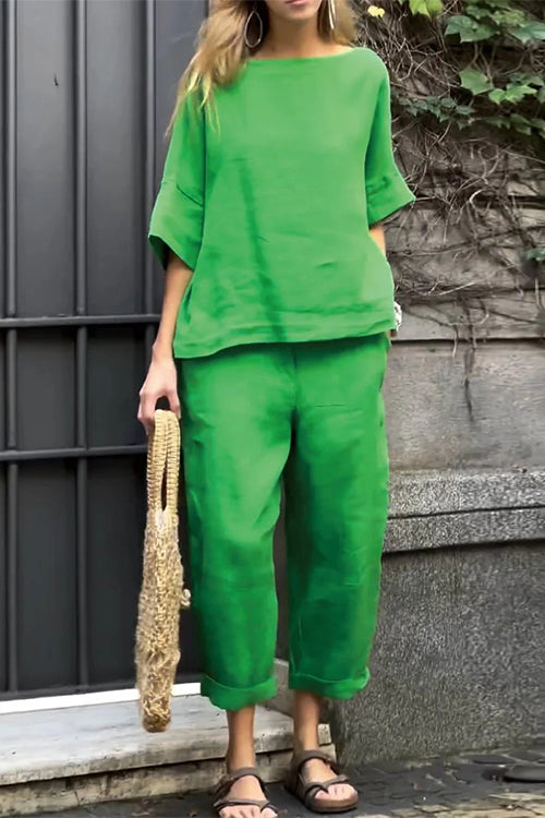 Half Sleeves Casual Pullover Top Wide Leg Pants Set
