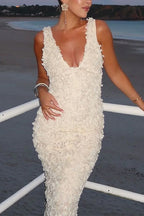 V Neck Plunge Rose Applique Bodycon Maxi Cami Dress