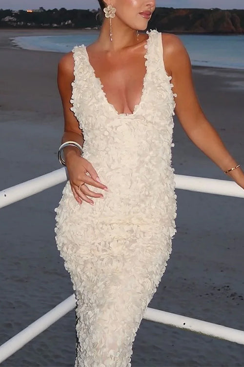 V Neck Plunge Rose Applique Bodycon Maxi Cami Dress
