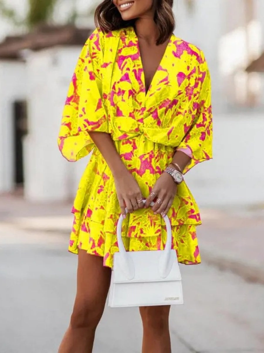 Loose-fit Batwing Sleeves Printed Commuting Mini&Short Dresses