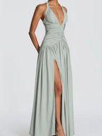 Deep V Halter Backless Maxi Dresses
