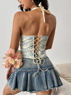 Wood Ear Printed Backless Neck Bra Fishbone Vest