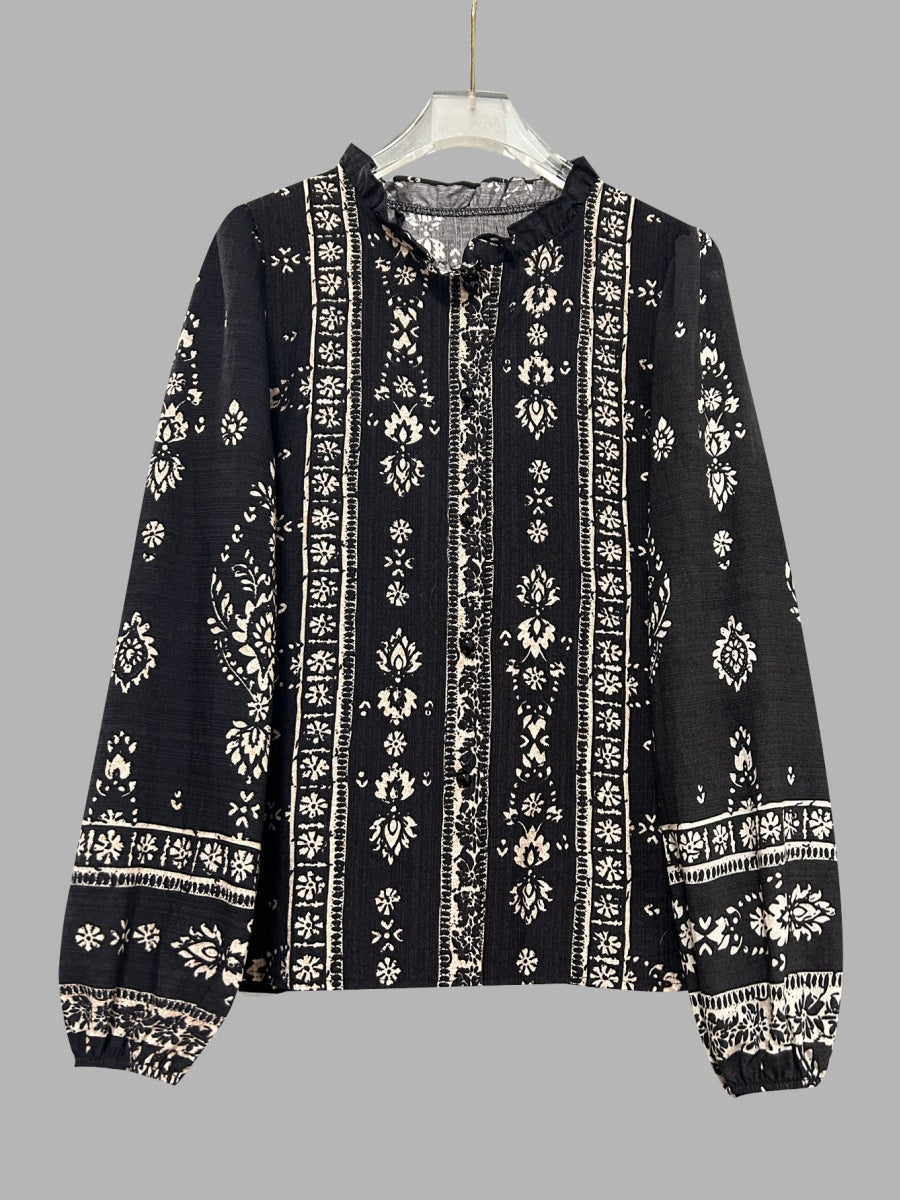 Geometric Print V-neck Long-sleeved Shirt