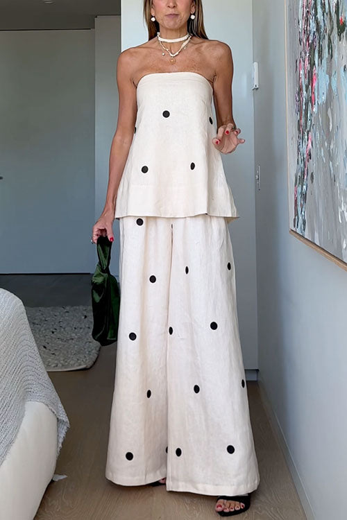 Polka Dot Strapless Top and Wide Leg Palazzo Pants Set