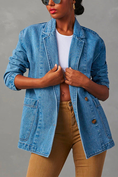 Notch Lapel Button Front Pocketed Denim Blazer