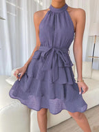 Halter Sleeveless Ruffle Black Mini&Short Dresses