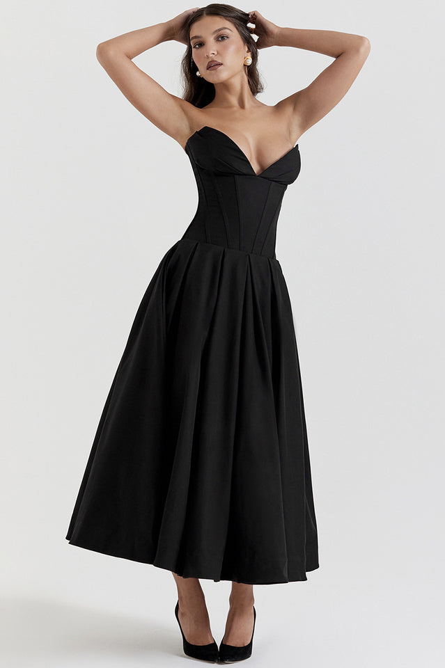 Strapless Plunging V-Neck Corset Bodice Box Pleat A-Line Midi Dress