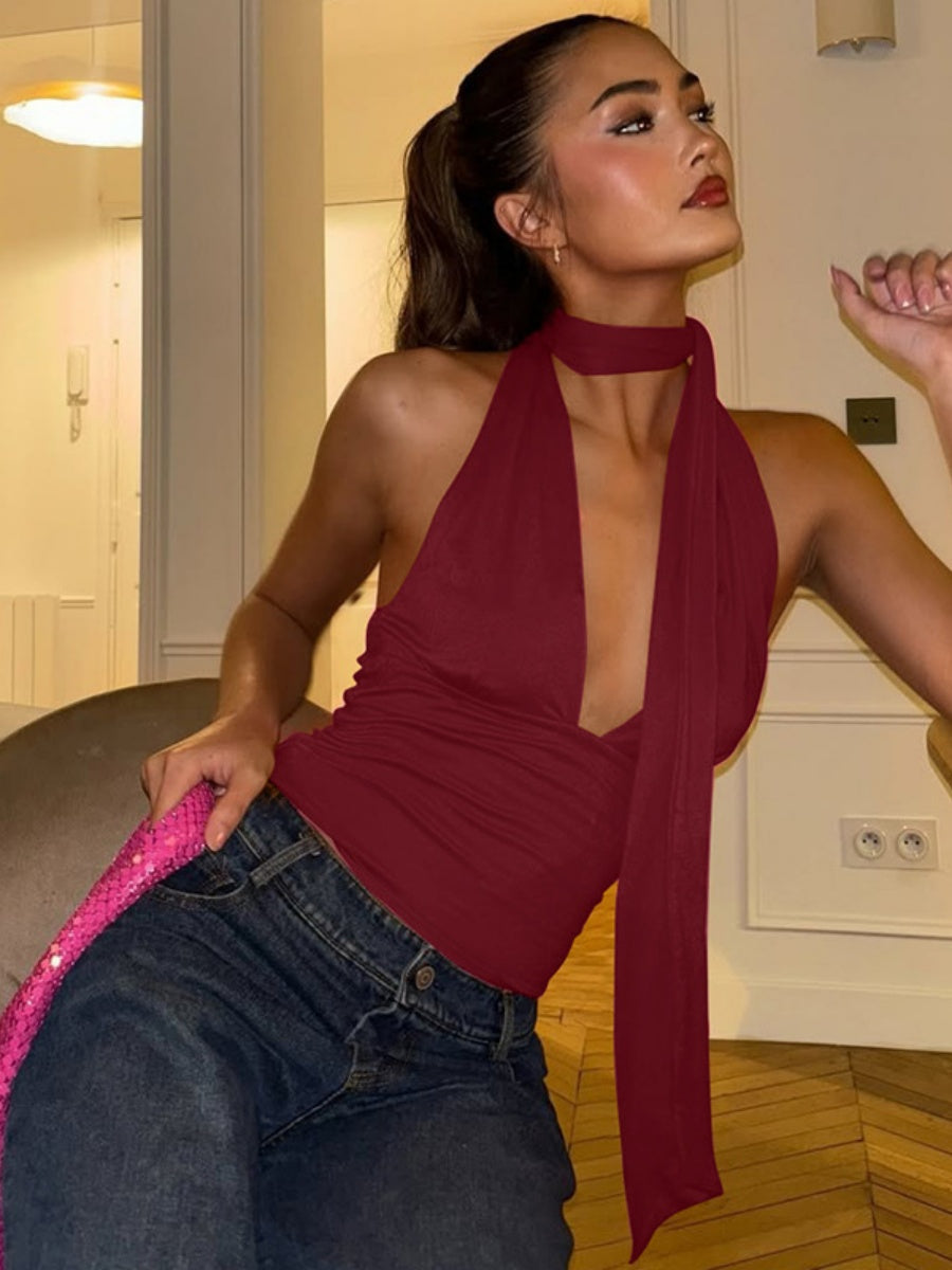 Deep V Backless Halter Jacket Tank Tops