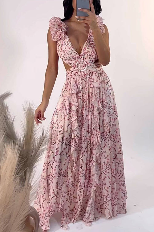 Deep V Neck Cut Out Sleeveless Ruffle Floral Print Maxi Dress
