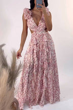 Deep V Neck Cut Out Sleeveless Ruffle Floral Print Maxi Dress