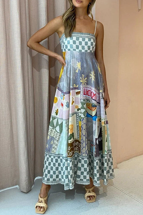 Spaghetti Strap Square Neck Illustrative Print Empire Waist Midi Dress