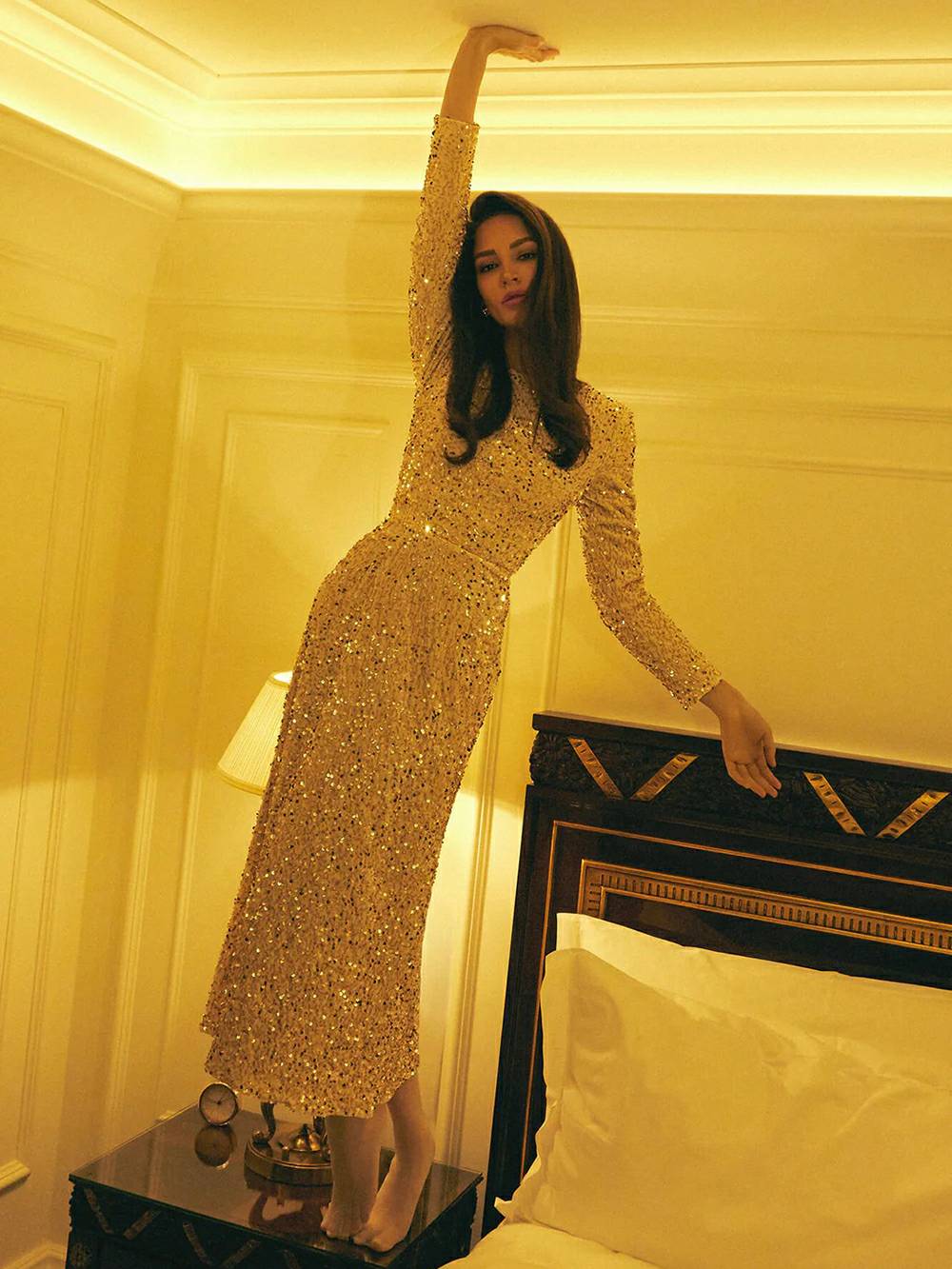 Round Neck Long Sleeve Allover Sequin Column Midi Dress