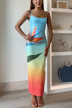 Back Slit Gradient Printed Sequin Maxi Cami Dress
